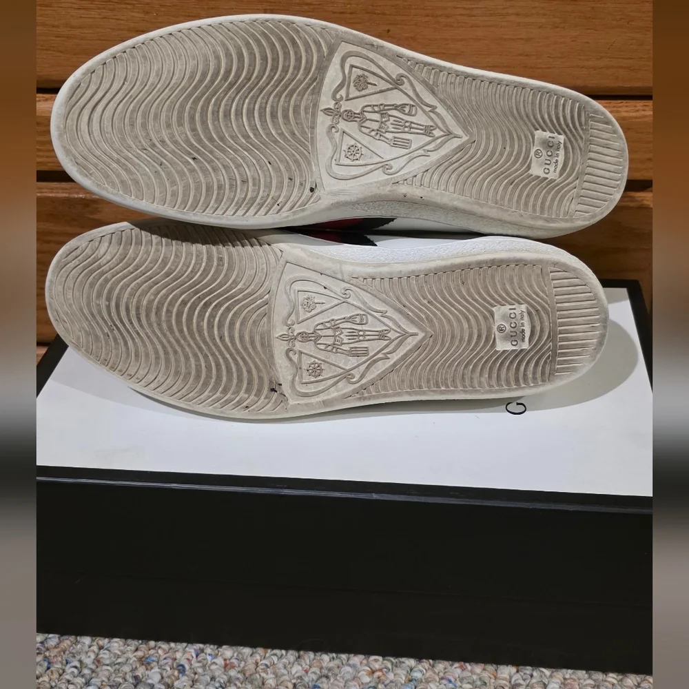 Gucci Ace White Leather Sneakers W/ Bee, Webb Red And Green Stripe M10.5/W11.5
